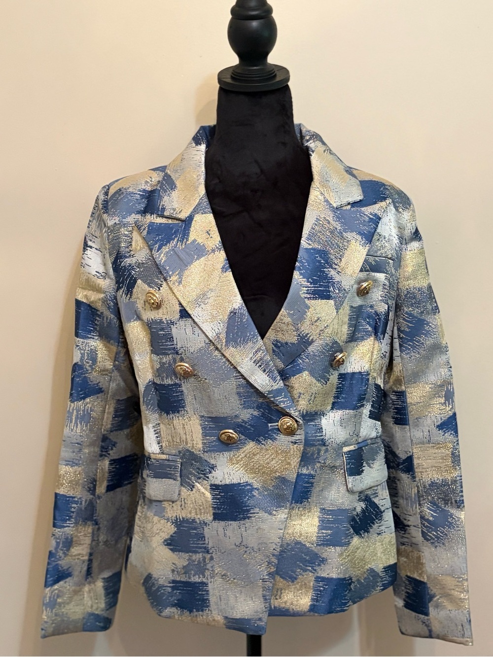 NWOT Gold & Blue Double-Breasted Textured Blazer Jacket